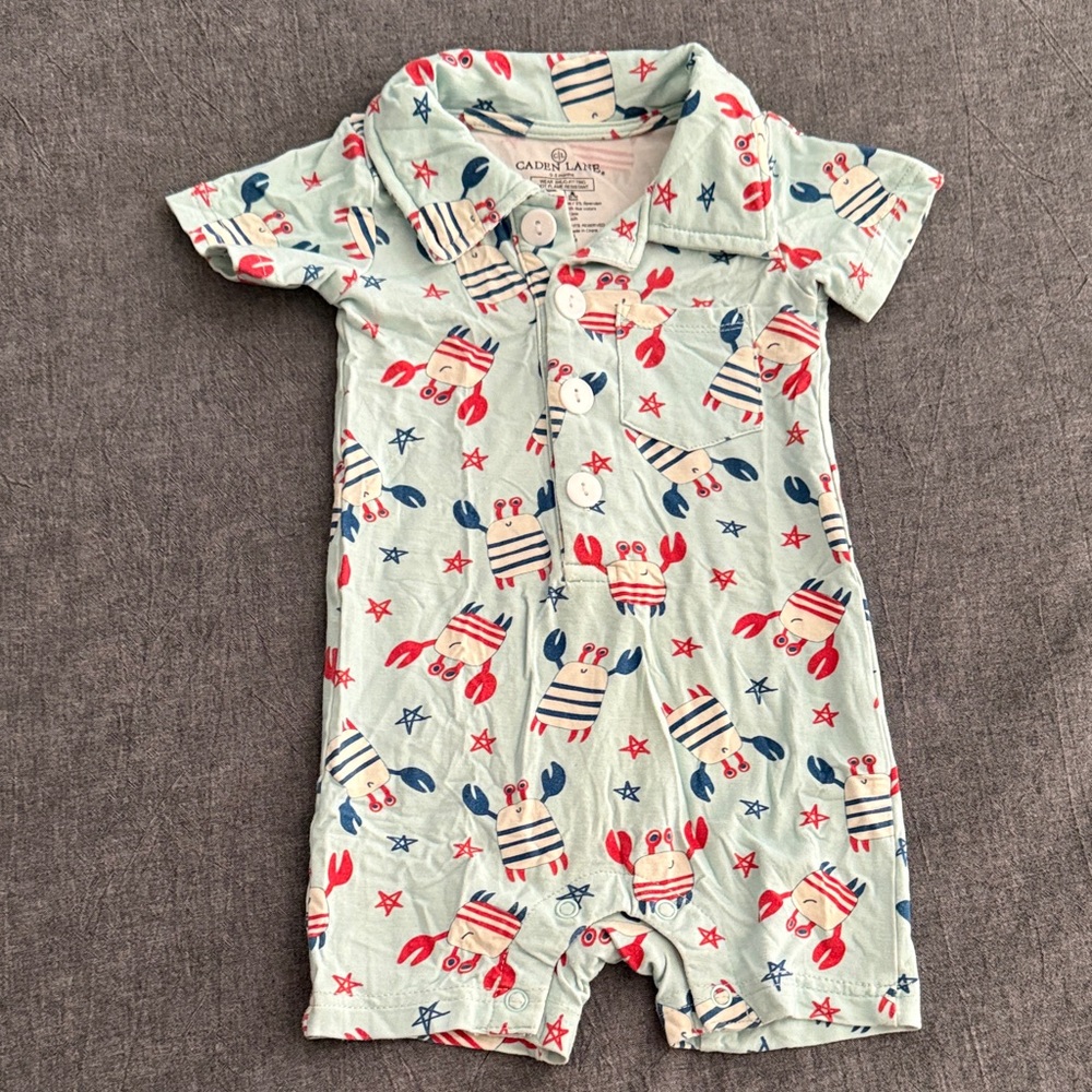 Caden Lane Short Sleeve Crab Print Henley One-Piece Romper